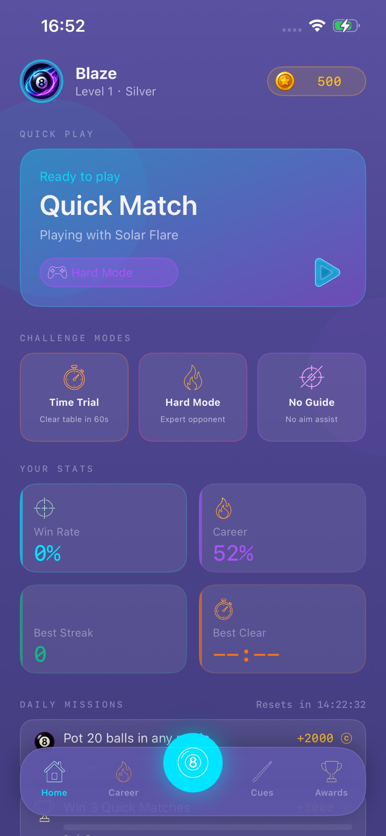Home hub with quick match and daily missions