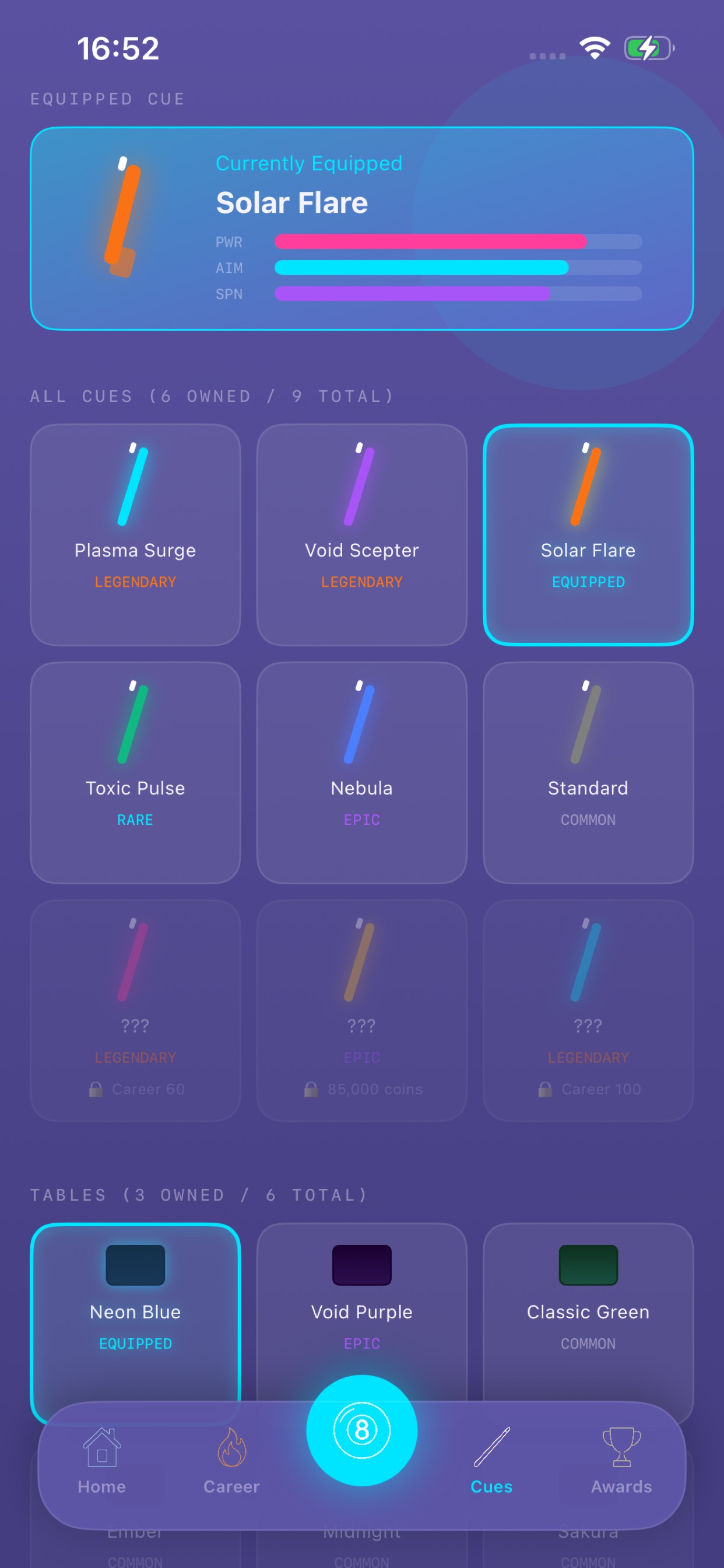 Cue and table collection screen